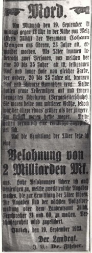 Mord an Johann Lenzen - Belohnung, 1923